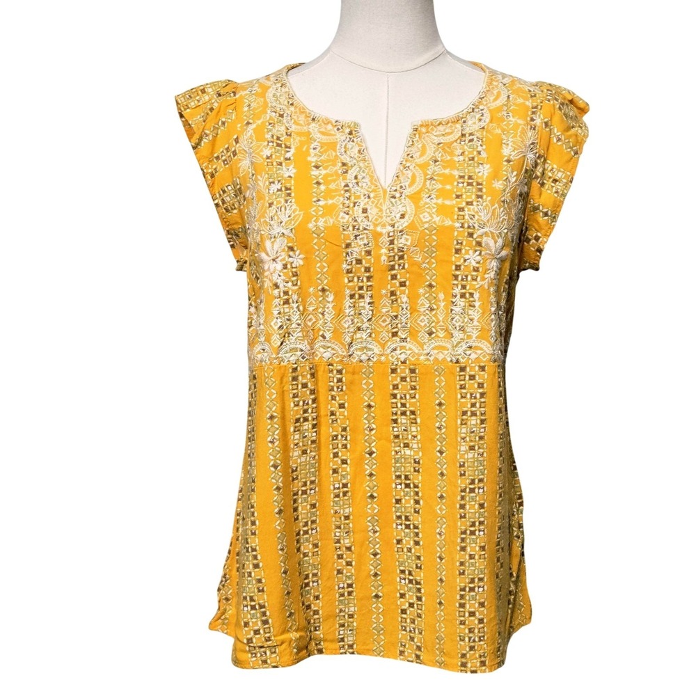 Savanna Jane Blouse Womens Small Yellow Embroidered Boho Tunic Flutter Sleeve‎